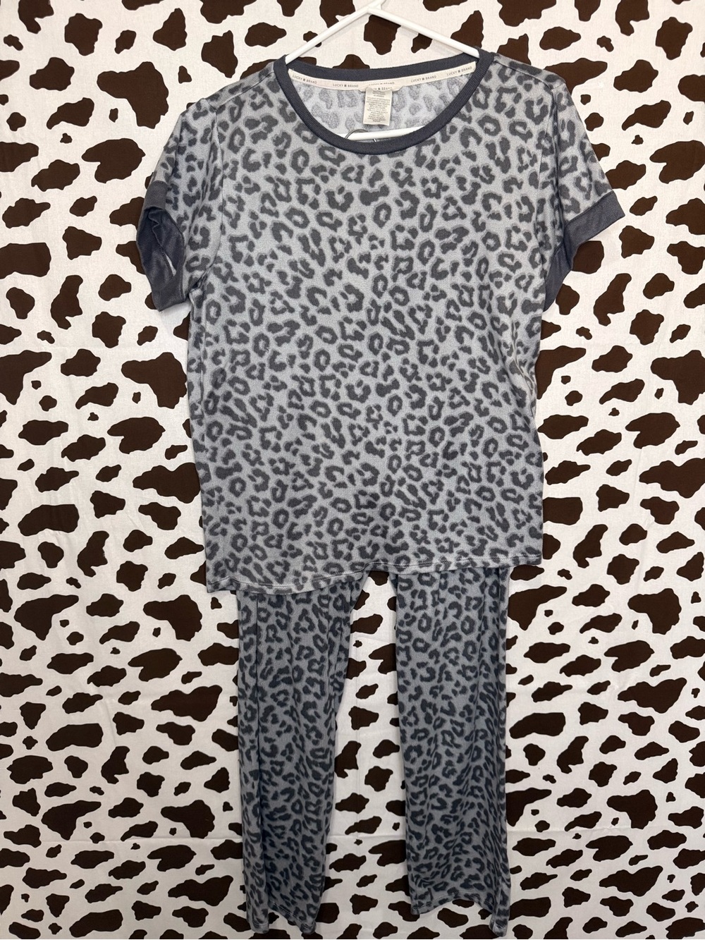 Lucky Brand Gray Leopard Print 2-Piece Pajama Set Knit Drawstring Size S